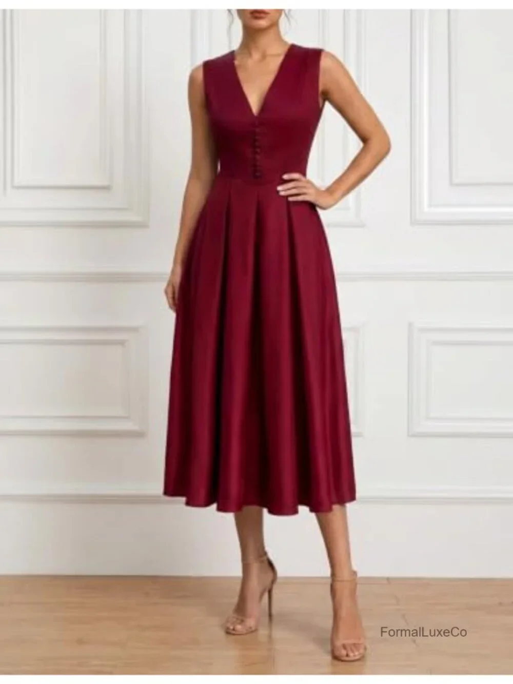 Satin Sleeveless V Neck Midi Dress Button Front Placket